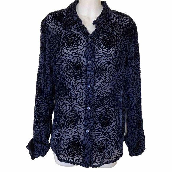 Mantles Petite Silk Blend Burnout Velvet Shirt Navy Sheer Rose Pattern Blouse - Picture 1 of 8